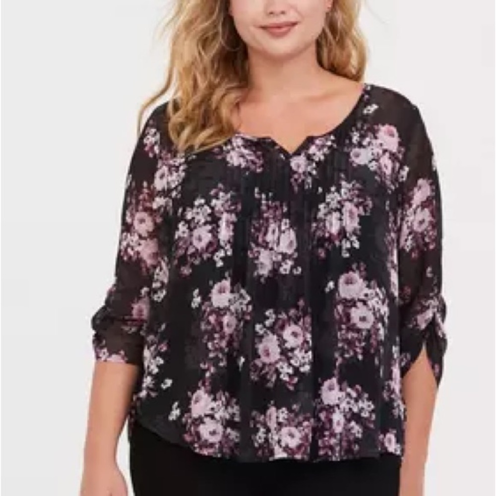 *TORRID* Black x Pink Floral Sheer Long Sleeve Blouse Size 3X
